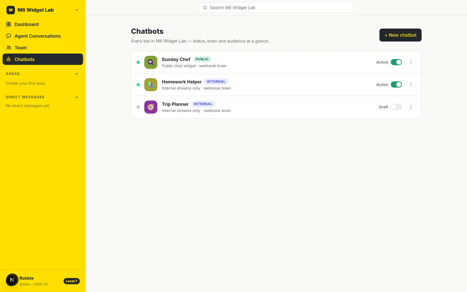 The chatbot list in My AI Chatbot showing public and internal bots with active toggles