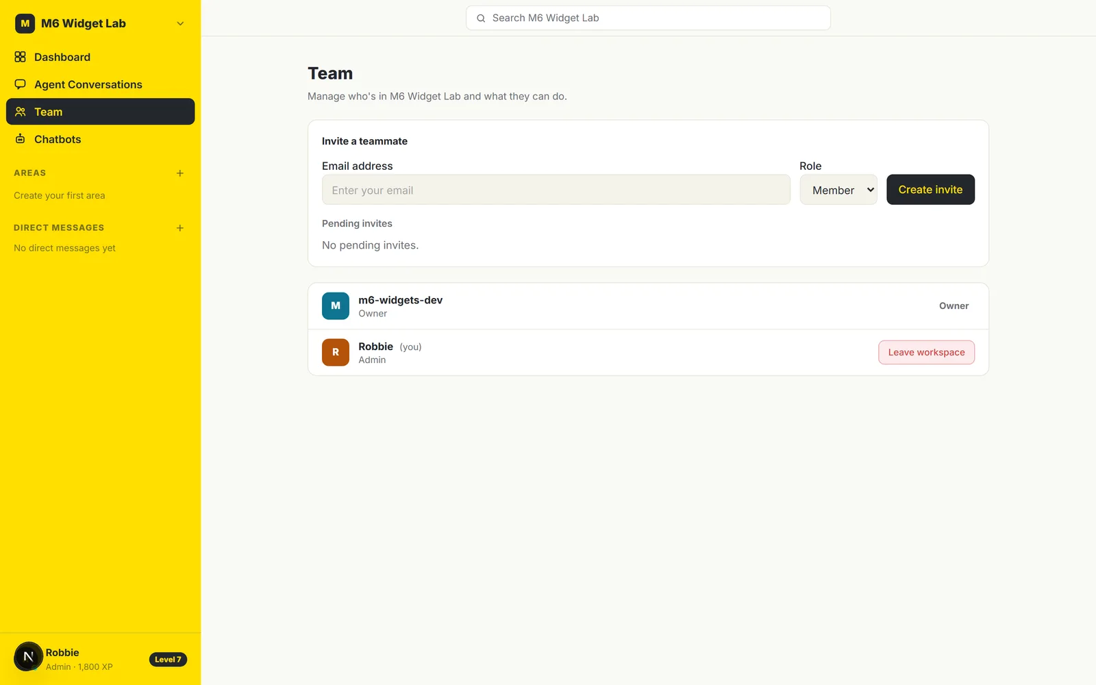 Workspace members settings in My AI Chatbot